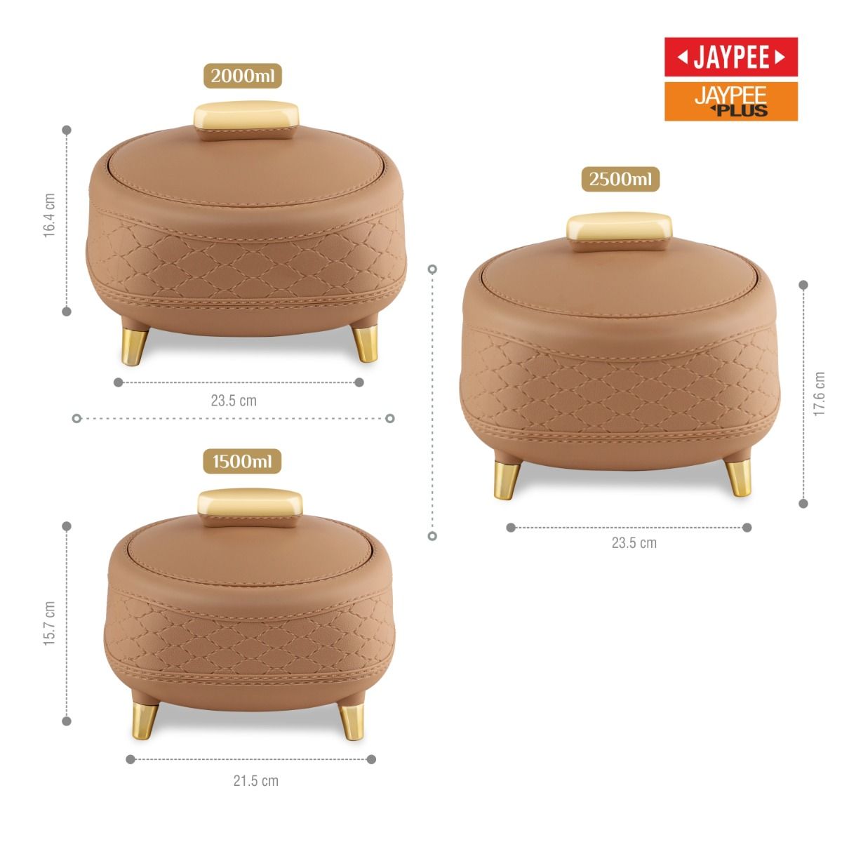 Jaypee Kingston PU Insulated Stainless Steel Inner Casserole Set of 3 - 1500ml, 2000ml & 2500ml - Brown