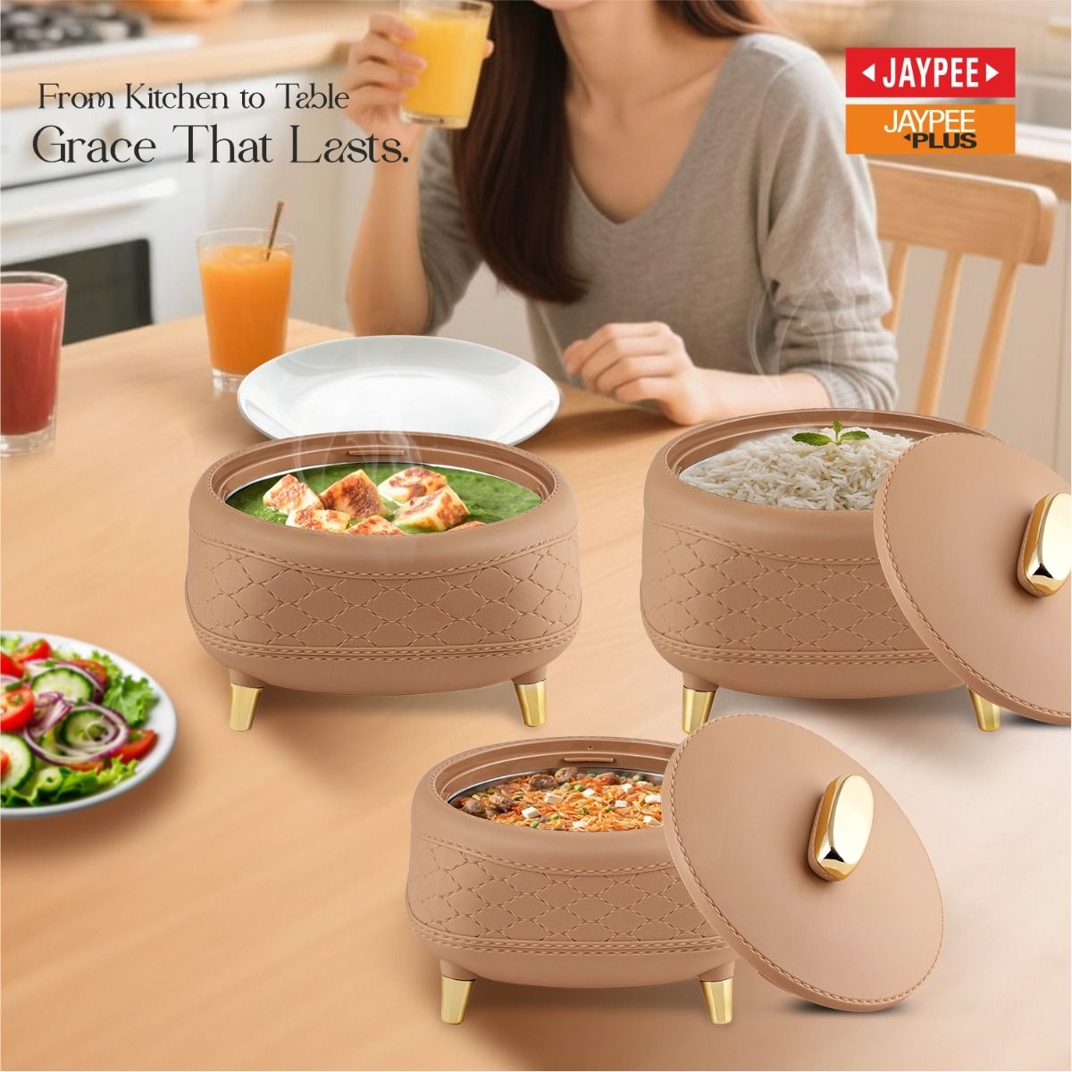 Jaypee Kingston PU Insulated Stainless Steel Inner Casserole Set of 3 - 1500ml, 2000ml & 2500ml - Brown