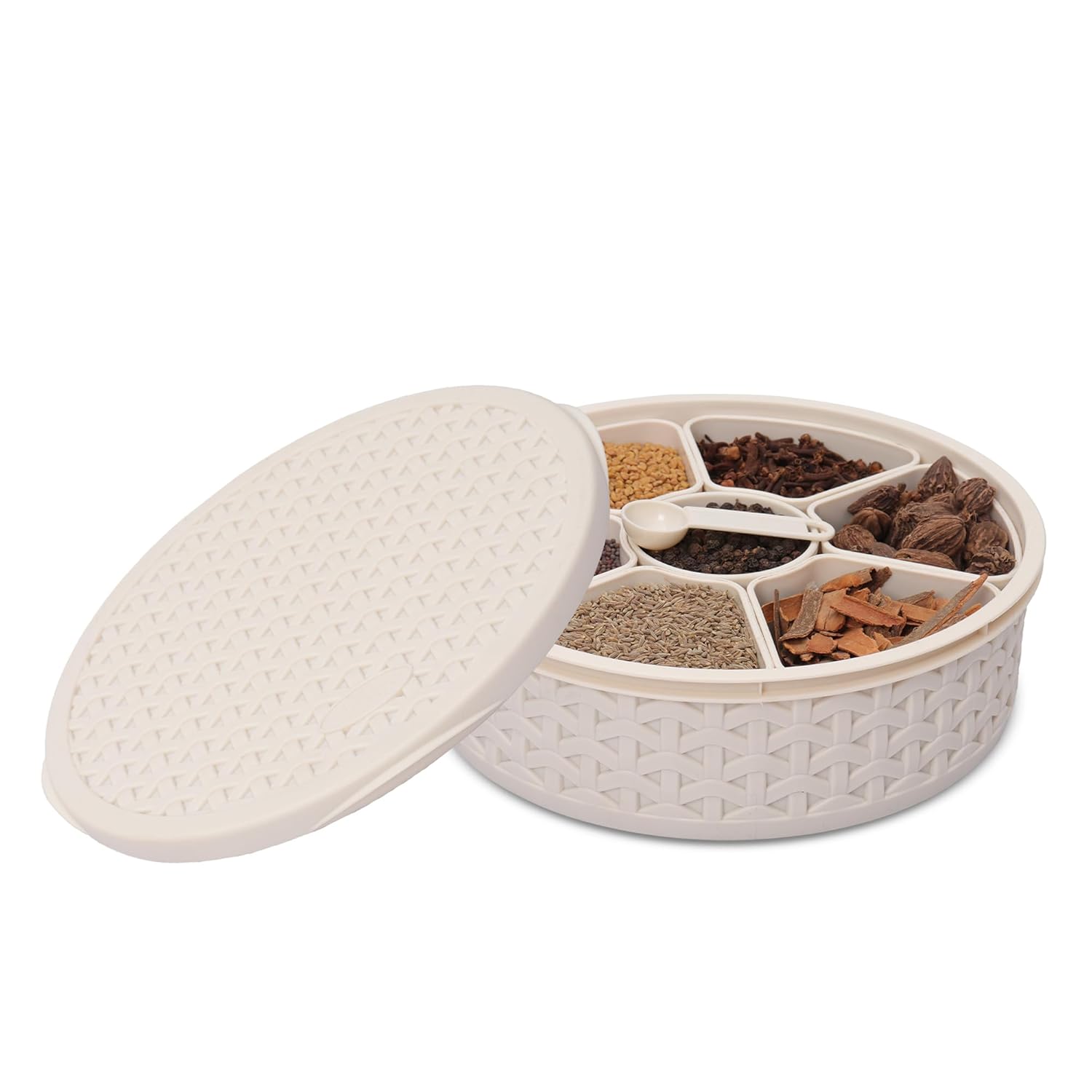 Ivory airtight masala dabba spice box with 7 compartments and measuring spoon