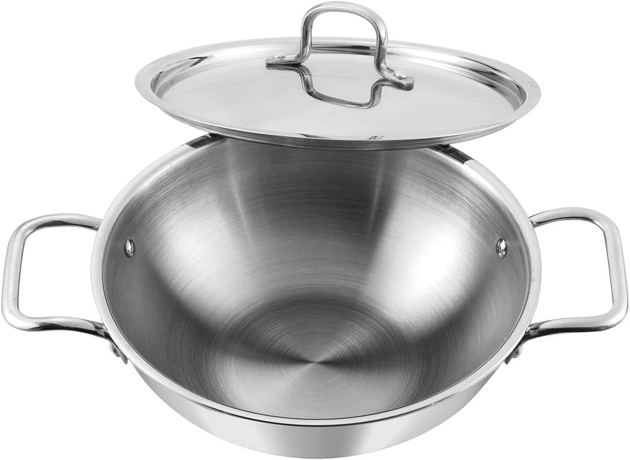 Stainless steel wok with lid on a white background