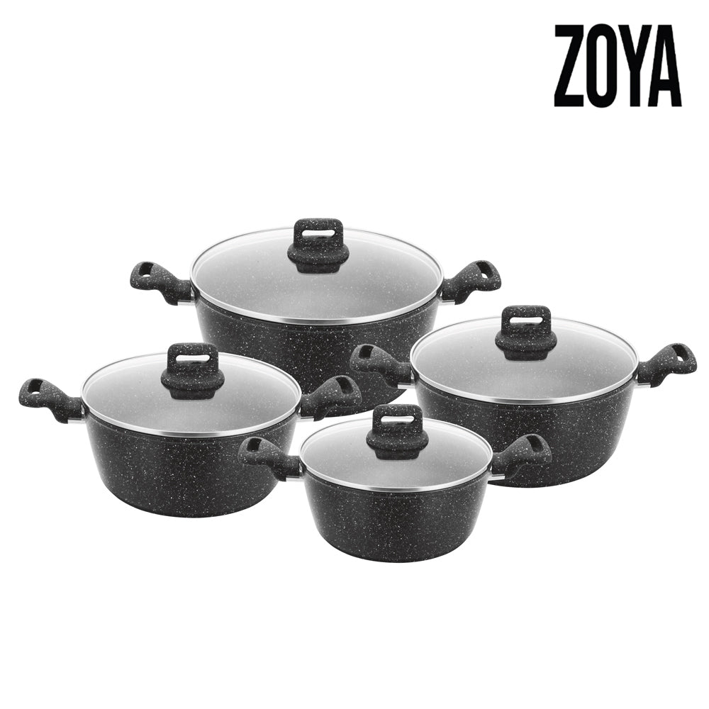 Set of black cookware with lids on a white background, featuring the Zoya brand.