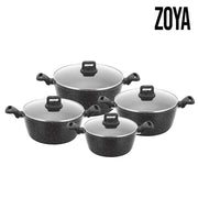 Set of black cookware with lids on a white background, featuring the Zoya brand.