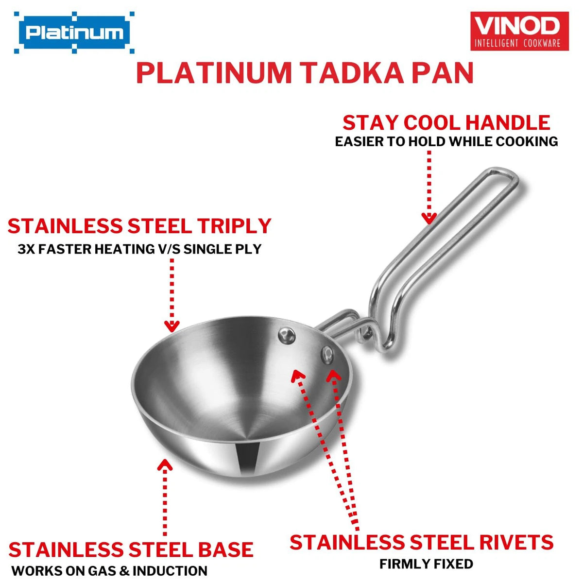 Platinum Triply Stainless Steel Tadka Pan – 12.5cm / 400ml