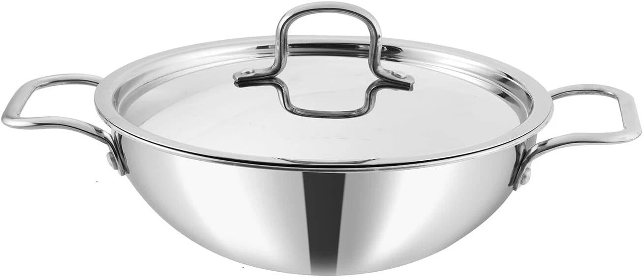 Vinod Platinum Triply Stainless Steel Kadai with Lid - Induction Compatible 60-Month Warranty