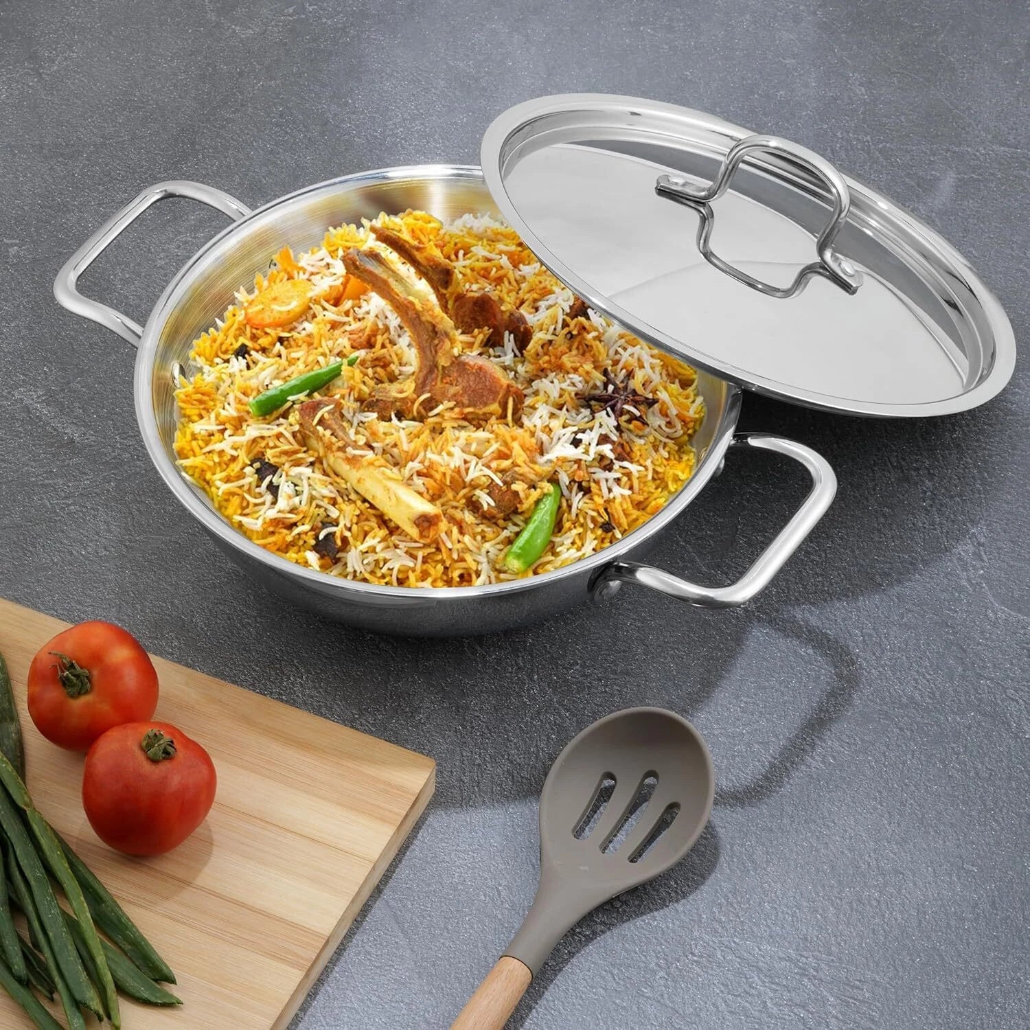 Vinod Platinum Triply Stainless Steel Kadai 22cm with Lid – Induction & Gas Compatible