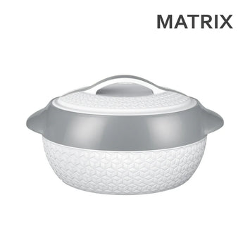 White and gray textured pot with lid on a white background, featuring the Matrix brand.