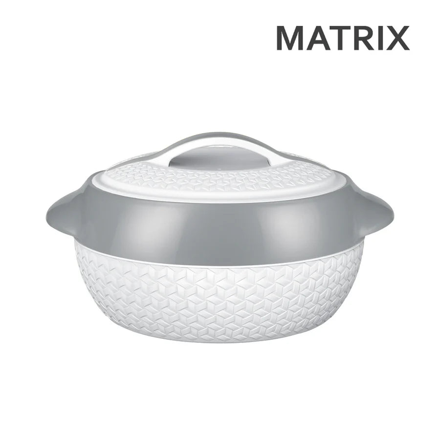 White and gray textured pot with lid on a white background, featuring the Matrix brand.