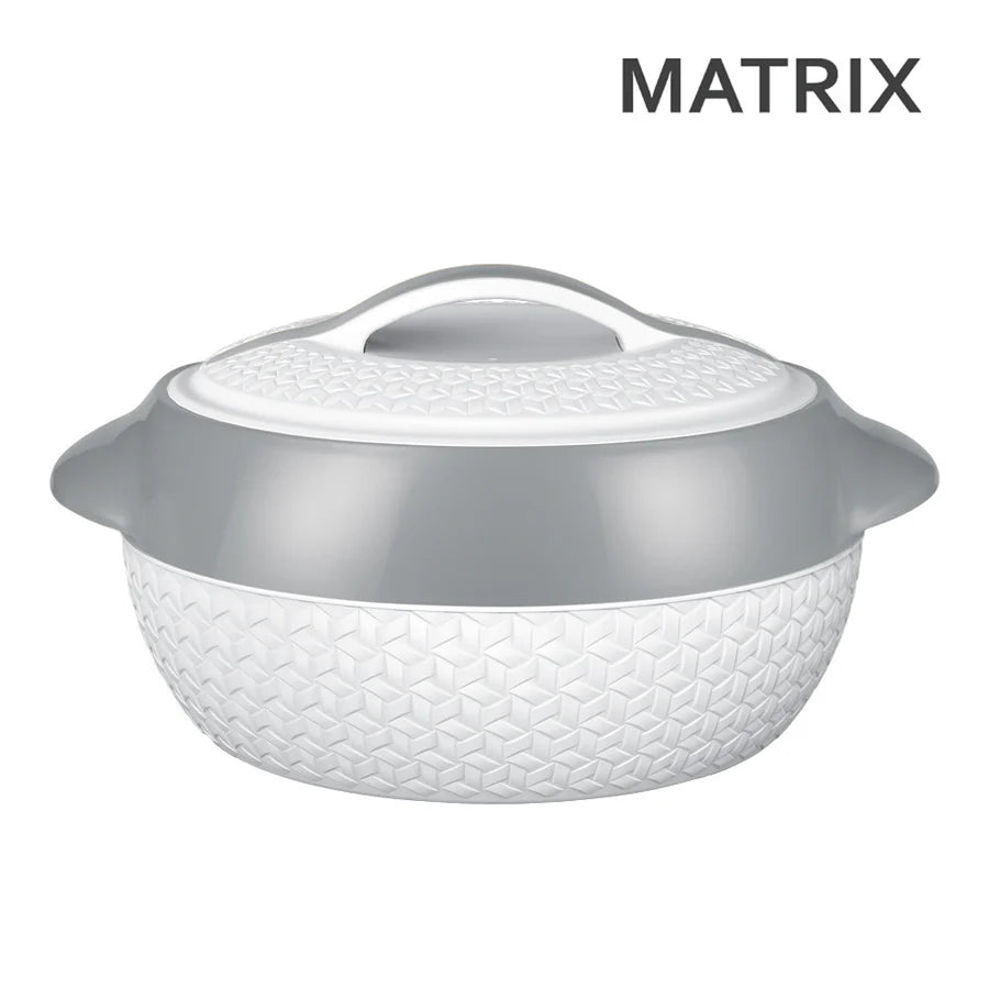 White and gray textured dish with lid on a white background, featuring the brand 'MATRIX'.