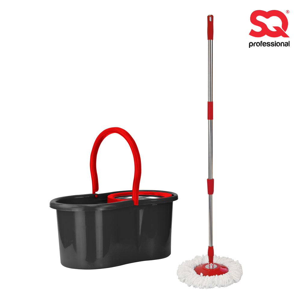 SQ Professional 12L Easy Rotary Mop & Bucket – Microfibre Spin Mop with Rotary Wringer, 117cm Telescopic Handle & 2 Mop Heads