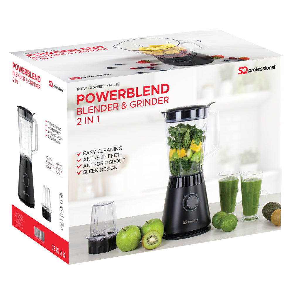 Packaging of SQ Professional Blitz 600W Blender and Grinder 2 in 1 with smoothie and ice crush function