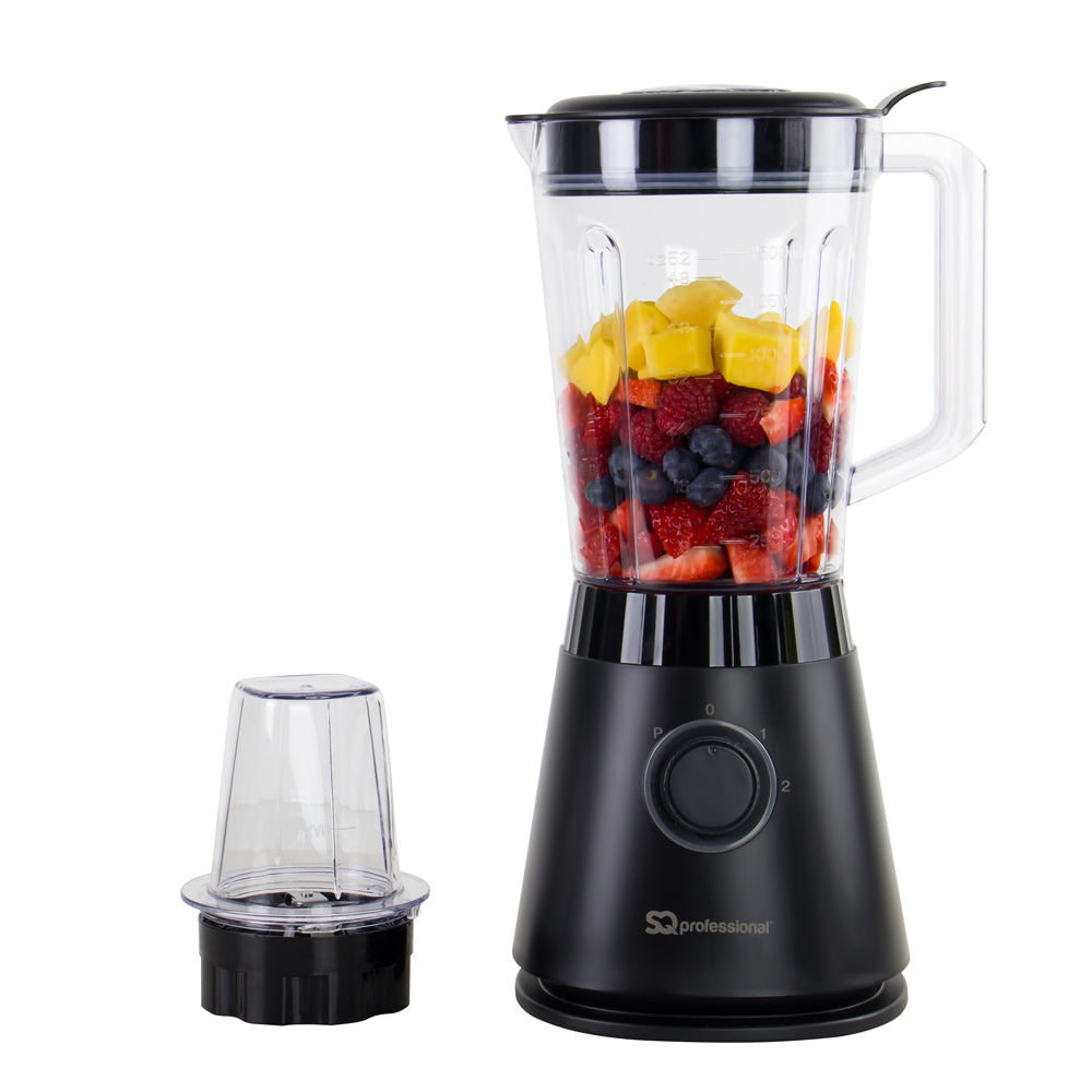 SQ Professional Blitz 600W Blender with 1.5L jug and grinder attachment filled with fresh fruits for smoothies