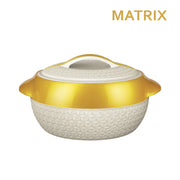 White and gold ceramic dish with 'MATRIX' branding on a white background