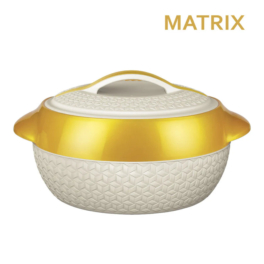 White and gold ceramic pot with textured design on a white background, featuring the brand 'Matrix'.