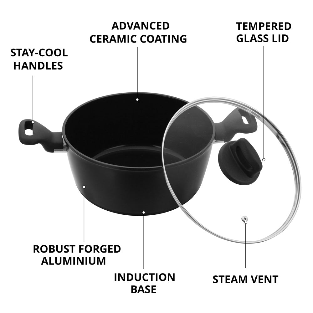 SQ Professional Zoya stockpot with advanced ceramic coating, tempered glass lid, induction base, stay-cool handles and steam vent
