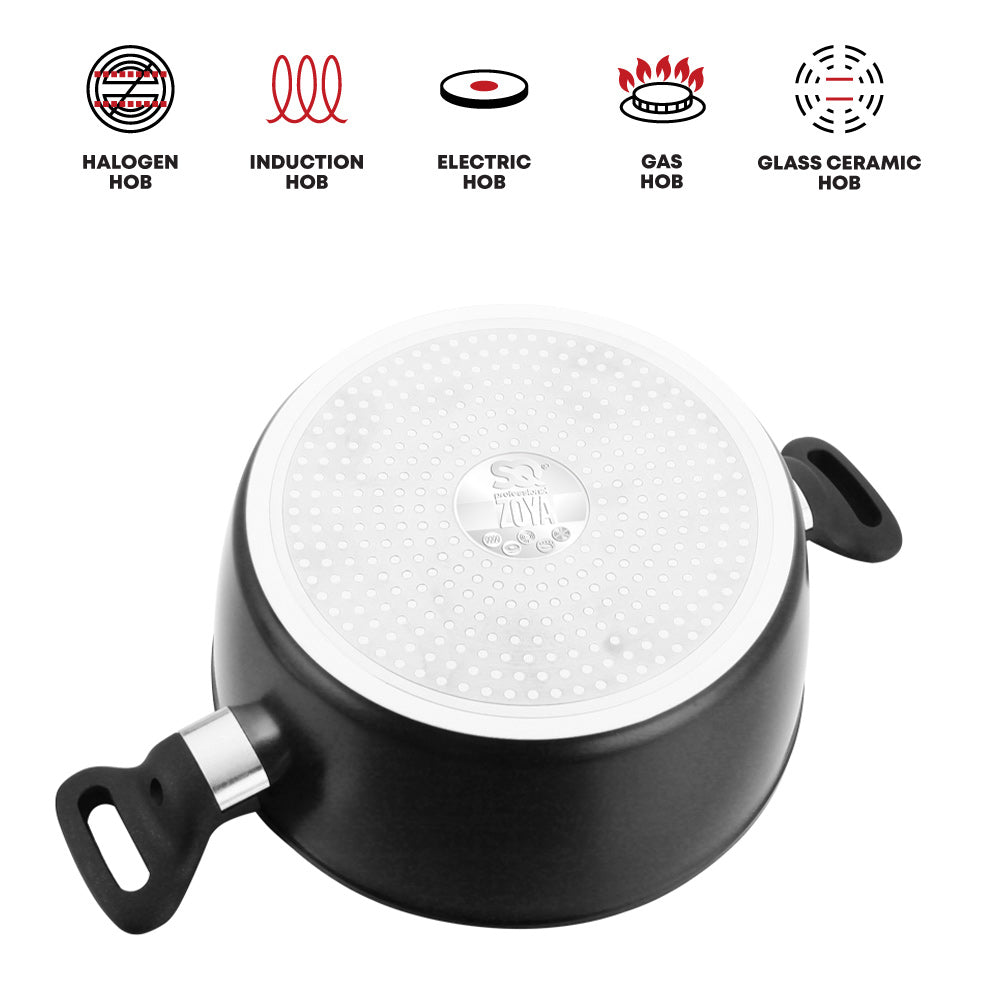 Bottom view of SQ Professional Zoya stockpot showing induction, gas, electric, halogen and glass ceramic hob compatibility