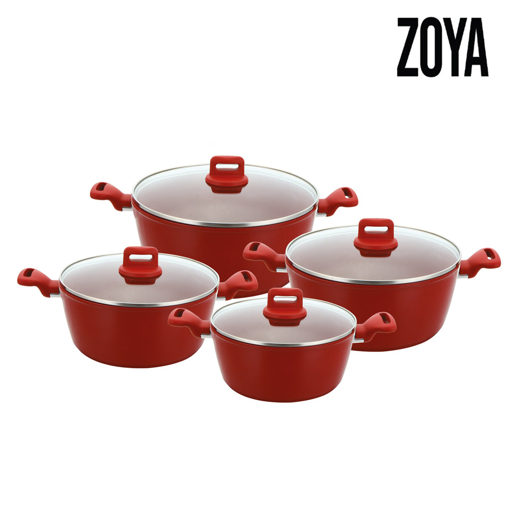 SQ Professional Zoya stockpot set 4pc in red – non-stick cookware with glass lids