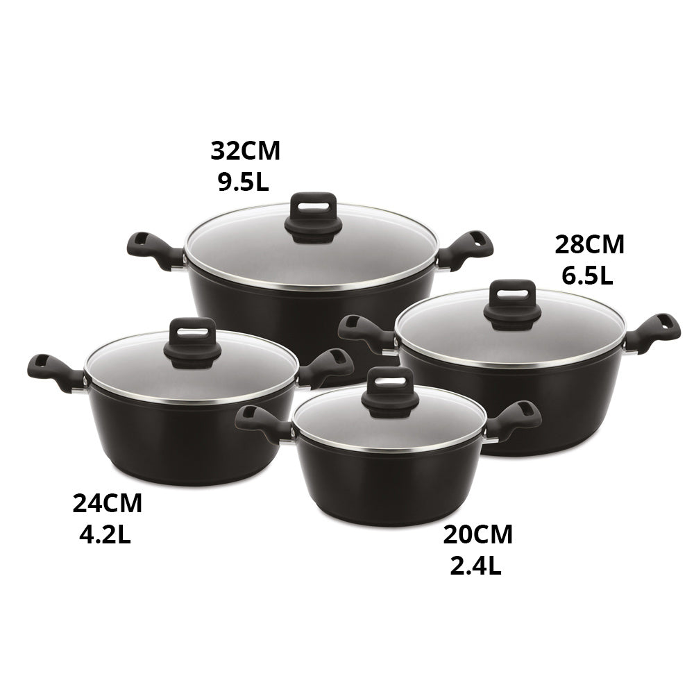 SQ Professional Zoya stockpot set with 4 sizes 20cm 2.4L, 24cm 4.2L, 28cm 6.5L and 32cm 9.5L, non-stick cookware with lids