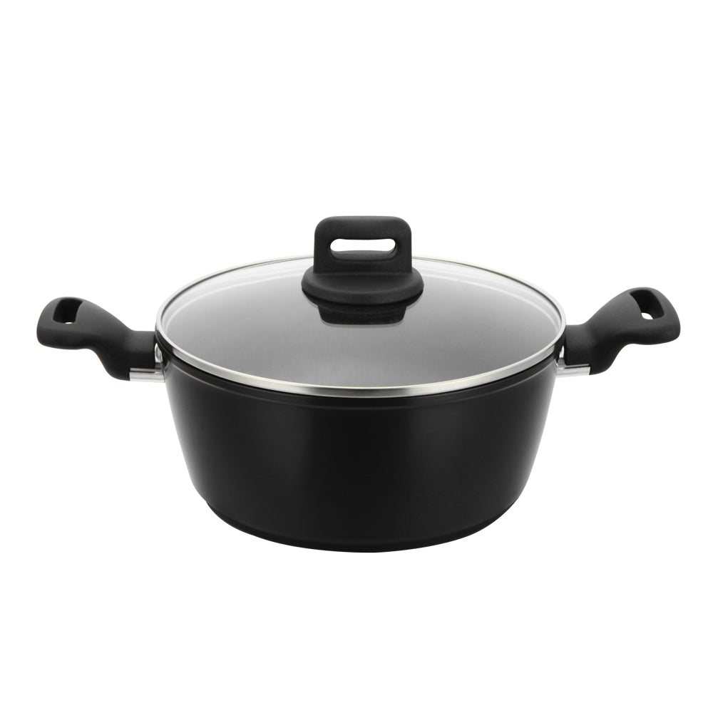 SQ Professional Zoya stockpot with tempered glass lid and stay-cool handles, durable non-stick cooking pot for everyday use