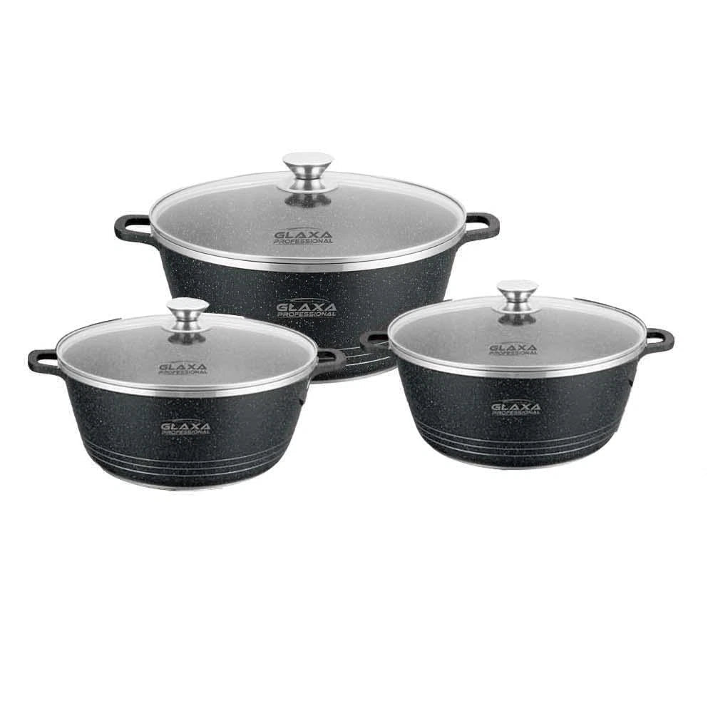 Set of black cookware with lids on a white background, featuring the Glaxa Professional brand.