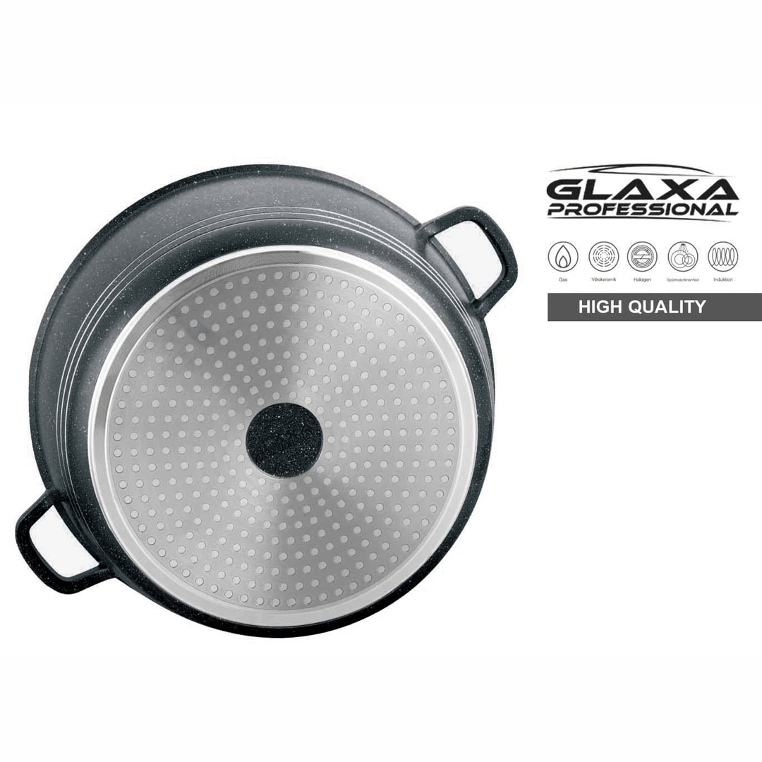 Glaxa Professional 30cm Non-Stick Stockpot with Glass Lid Silver Die-Cast Aluminium Casserole Pot Induction Compatible Cooking Pot