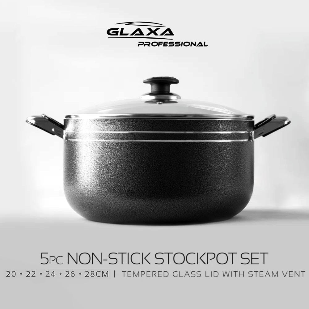 Glaxa 5-Piece Die-Cast Aluminium Non-Stick Casserole Set – Black | Induction & Gas Compatible | With Tempered Glass Lids