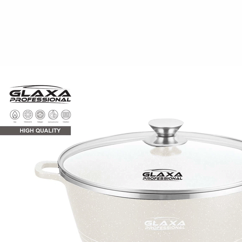 Glaxa Professional 24cm Non-Stick Stockpot with Glass Lid Cream Die-Cast Aluminium Casserole Pot Induction Compatible Cooking Pot