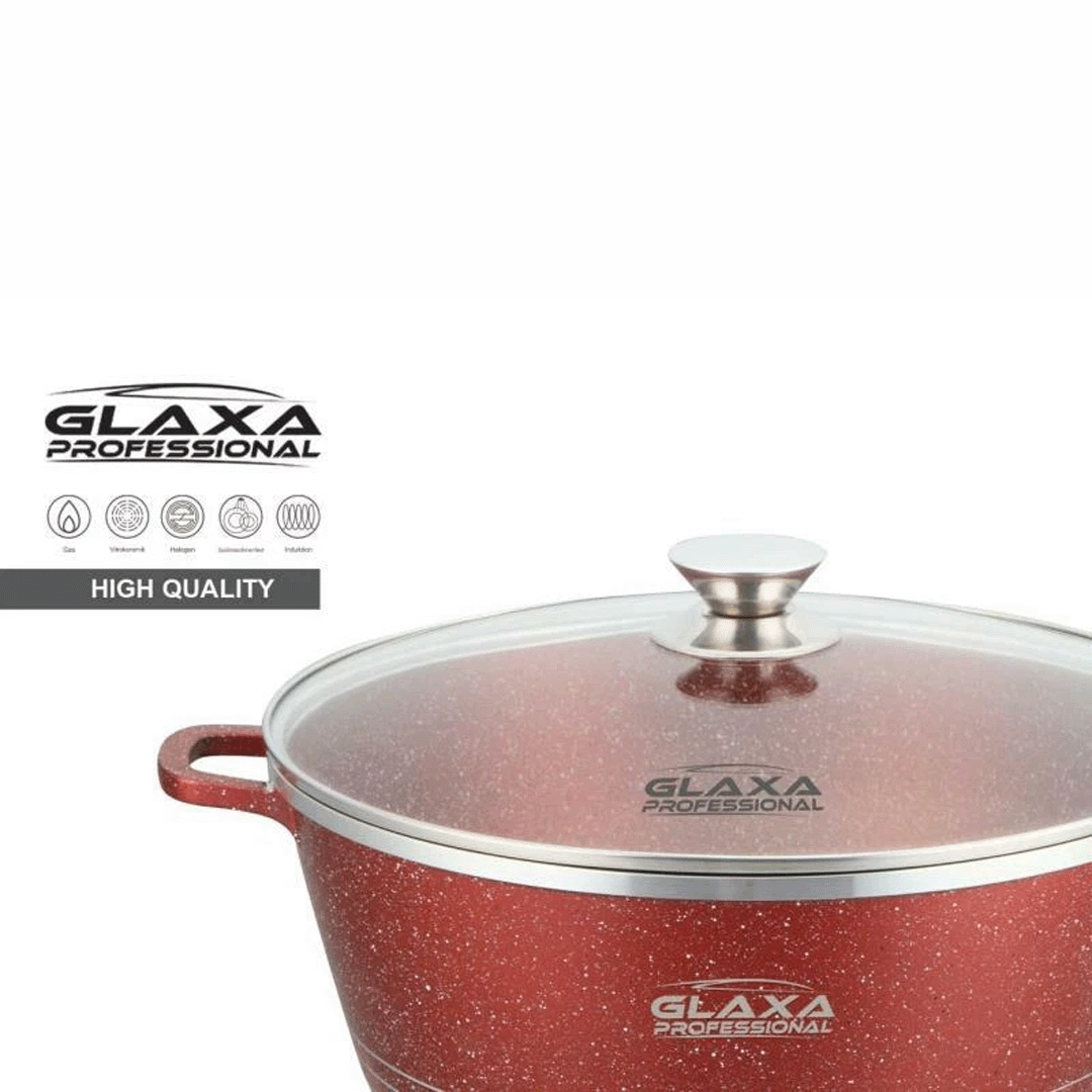 Glaxa 5pc Red Marble Coated Non-Stick Cookware Set – 20, 24, 28, 30 & 32 cm Induction Stockpots with Lids