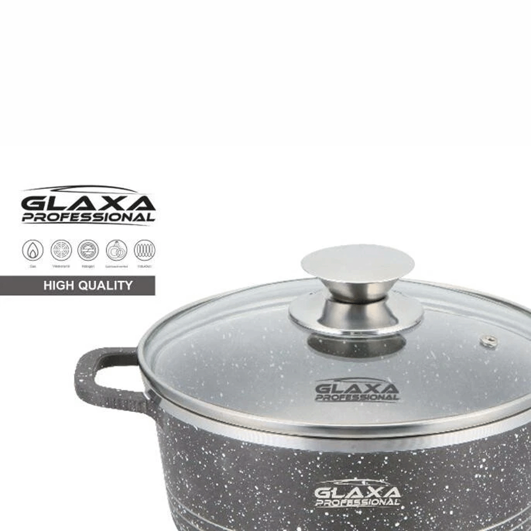 Glaxa 3pc Silver Marble Coated Non-Stick Cookware Set – 20, 24, 28 cm Induction Stockpots with Lids