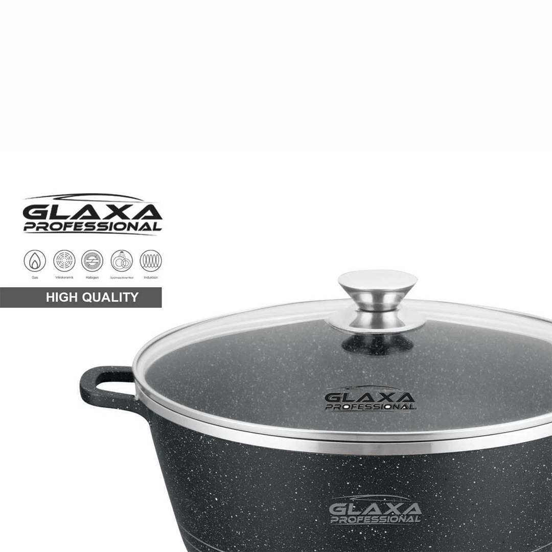 Glaxa Professional 30cm Non-Stick Stockpot with Glass Lid Silver Die-Cast Aluminium Casserole Pot Induction Compatible Cooking Pot