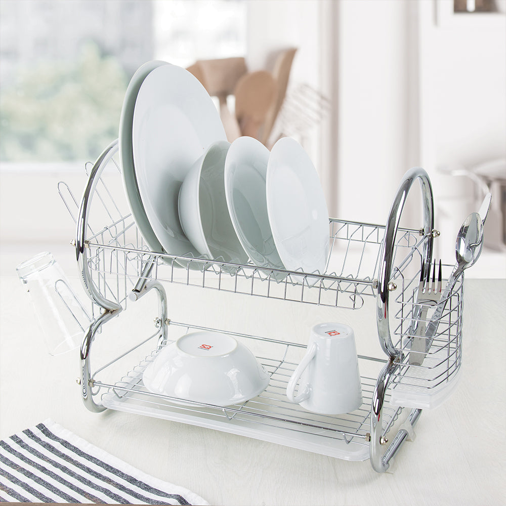 Stainless steel dish rack with glass and cup holder