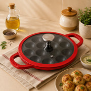Vinod Cast Iron Freya Appam Pan 22 cm Ruby Red with Glass Lid and TREON Ti-Enamel