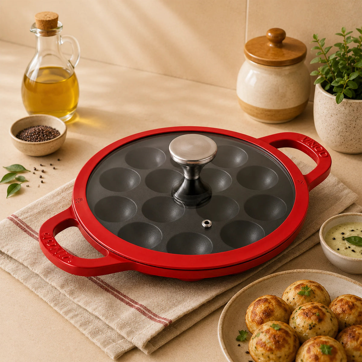 Vinod Cast Iron Freya Appam Pan 22 cm Ruby Red with Glass Lid and TREON Ti-Enamel