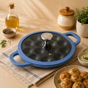 Vinod Cast Iron Freya Appam Pan 22 cm Sapphire Blue with Glass Lid and TREON Ti-Enamel