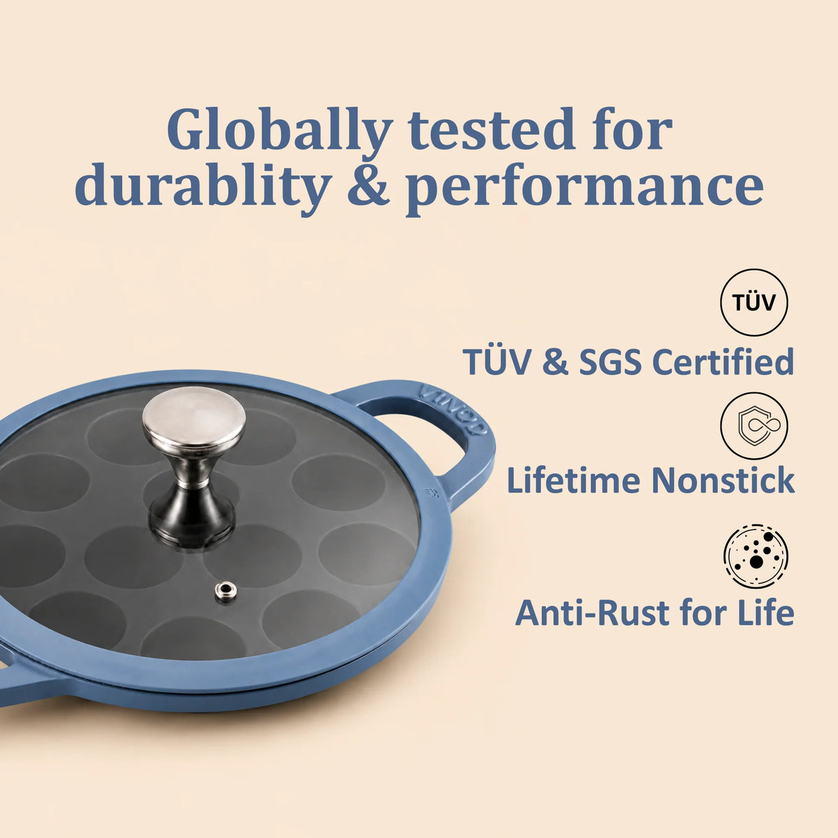 Vinod Cast Iron Freya Appam Pan 22 cm – Sapphire Blue – TREON Titanium Enamel