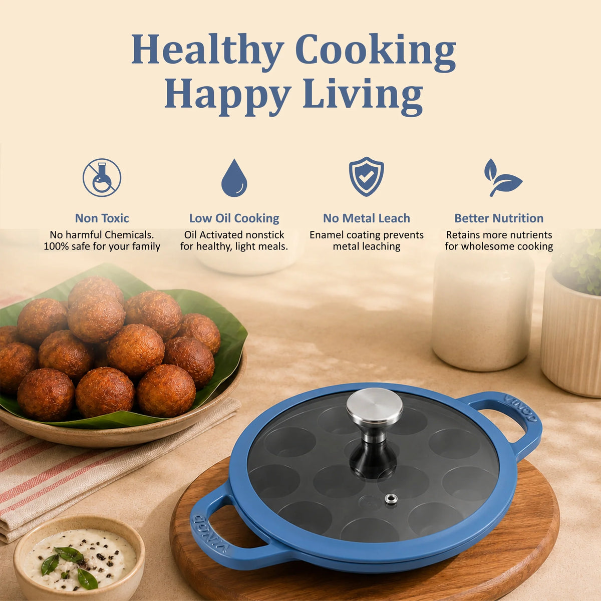 Vinod Cast Iron Freya Appam Pan 22 cm – Sapphire Blue – TREON Titanium Enamel