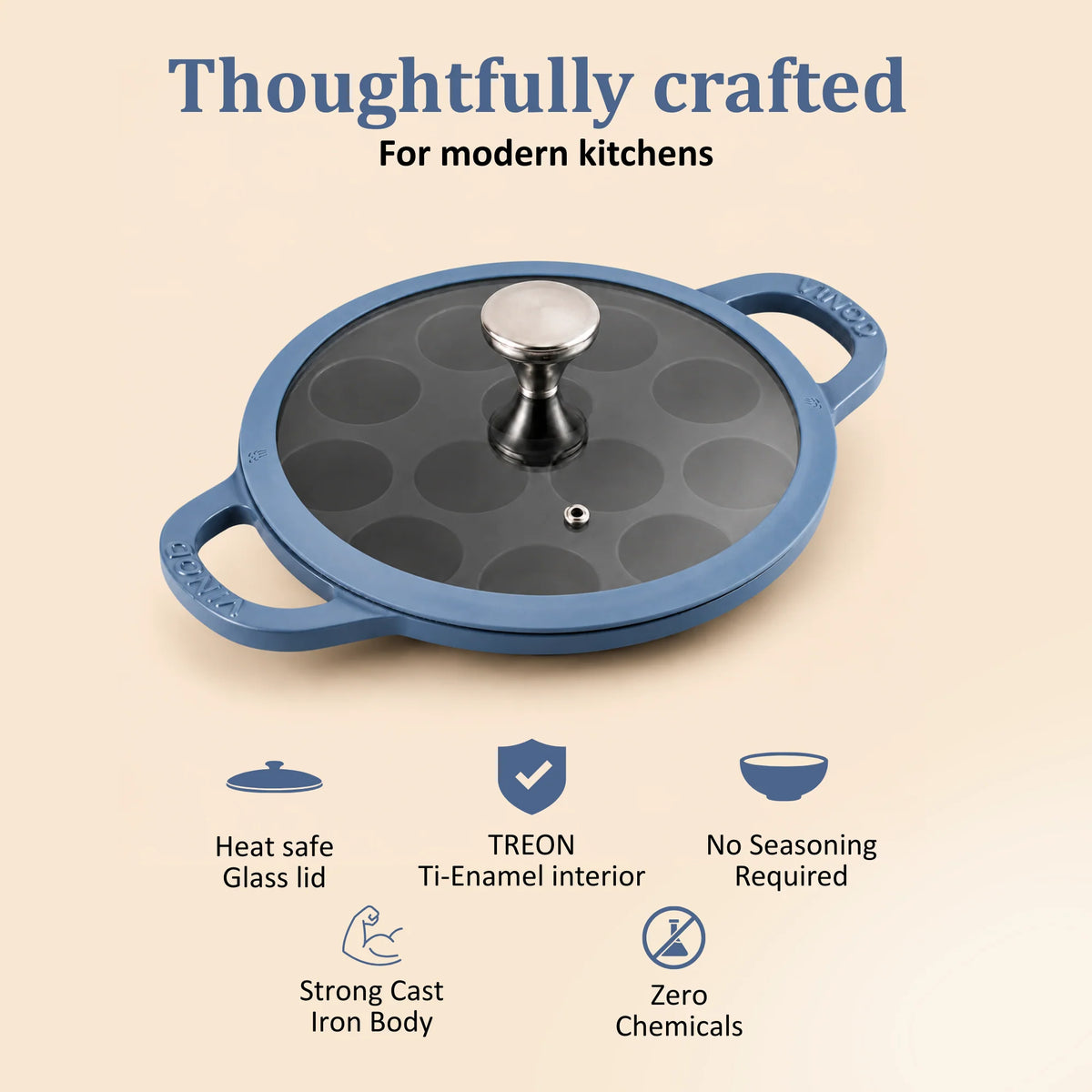 Vinod Cast Iron Freya Appam Pan 22 cm – Sapphire Blue – TREON Titanium Enamel