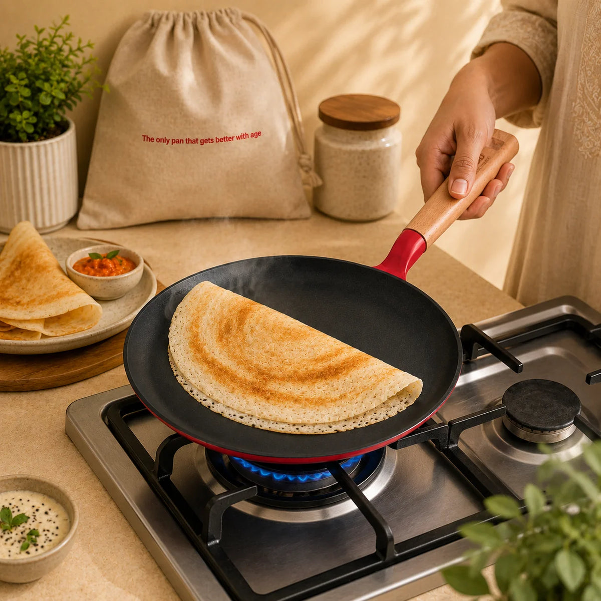 Vinod Cast Iron Freya Dosa Tawa 28 cm Ruby Red with TREON Ti-Enamel