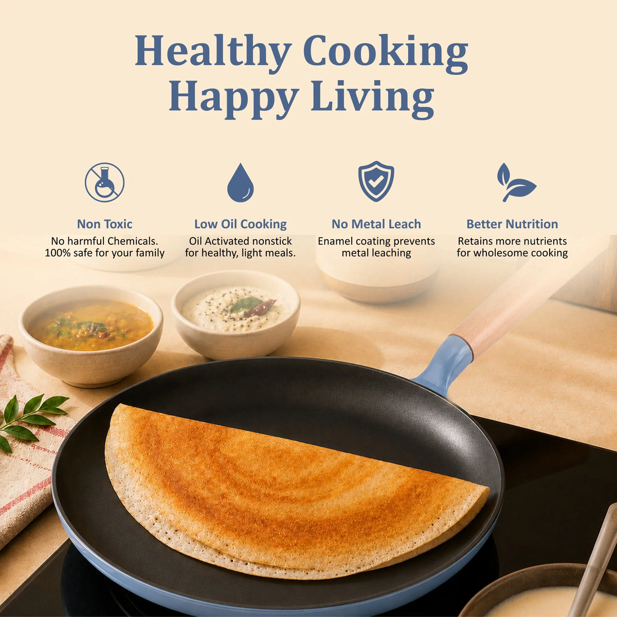 Vinod Cast Iron Freya Dosa Tawa 28 cm Sapphire Blue with TREON Ti-Enamel
