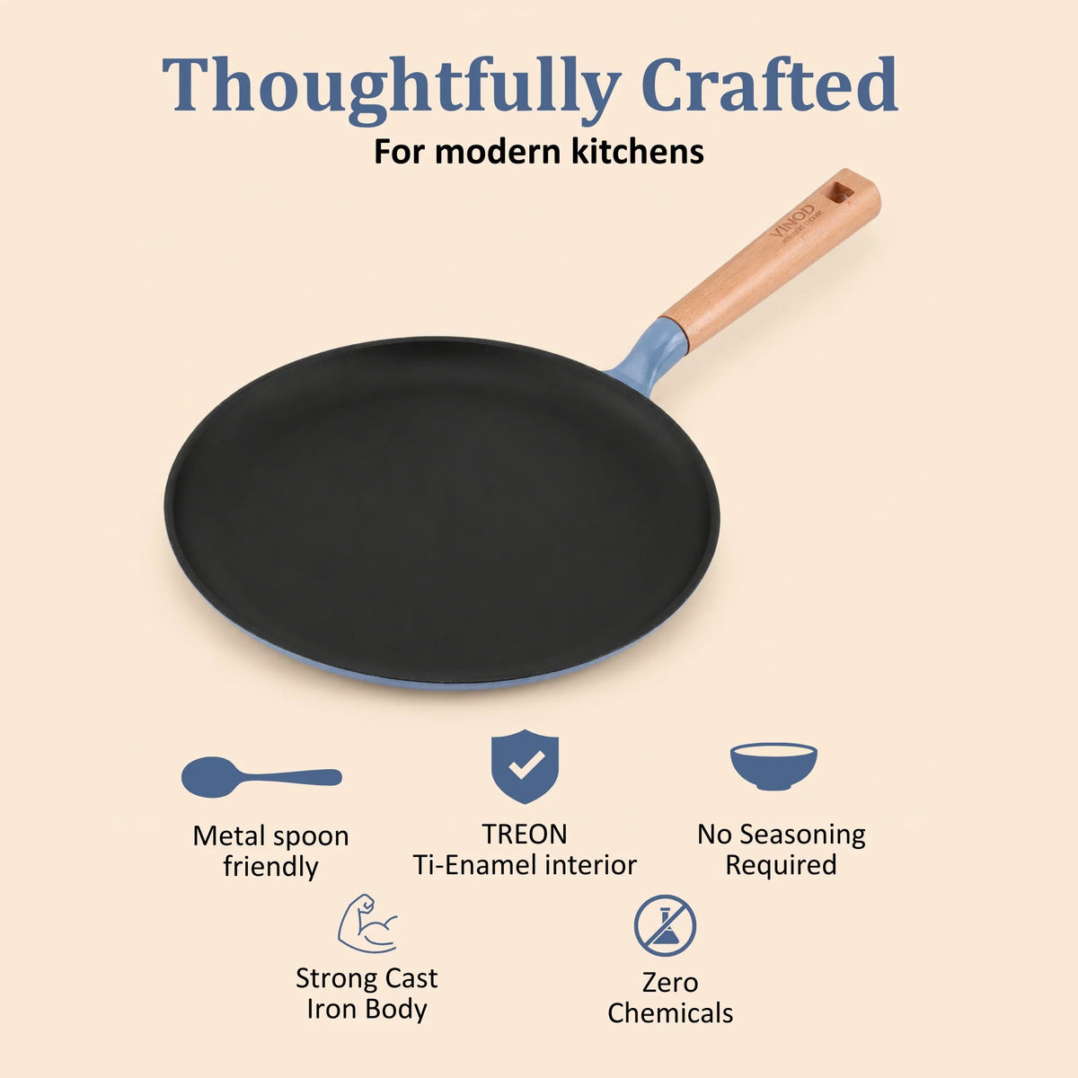 Vinod Cast Iron Freya Dosa Tawa 28 cm – Sapphire Blue – Titanium Enamel – Induction Friendly