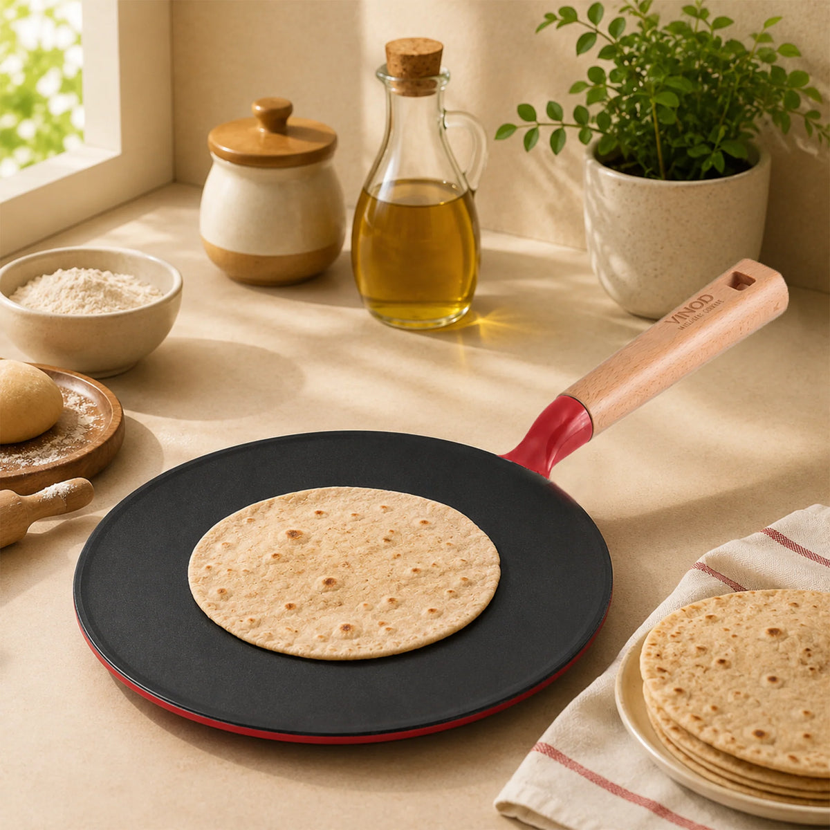 Vinod Cast Iron Freya Roti Tawa 26 cm Ruby Red with TREON Ti-Enamel