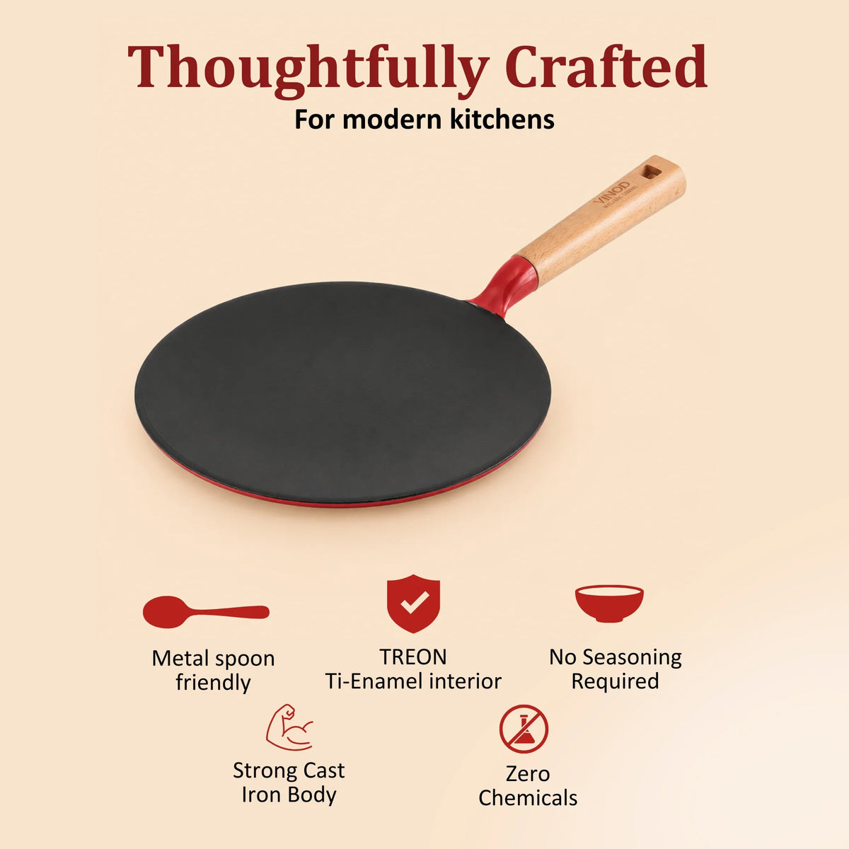 Vinod Cast Iron Freya Roti Tawa 26 cm – Ruby Red – Titanium Enamel – Induction Friendly