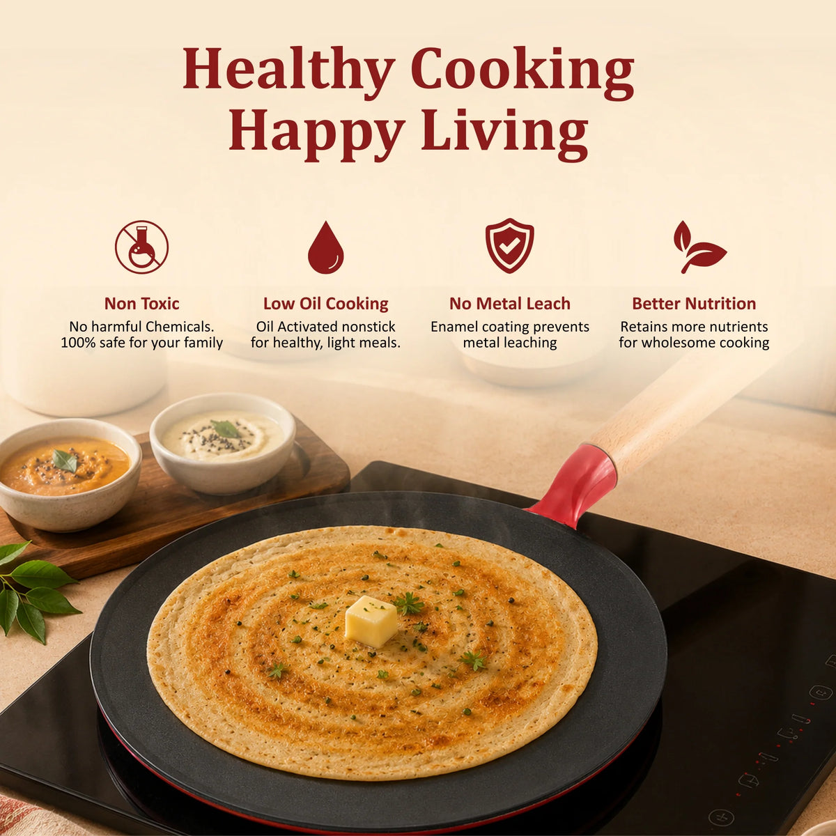 Vinod Cast Iron Freya Roti Tawa 26 cm – Ruby Red – Titanium Enamel – Induction Friendly