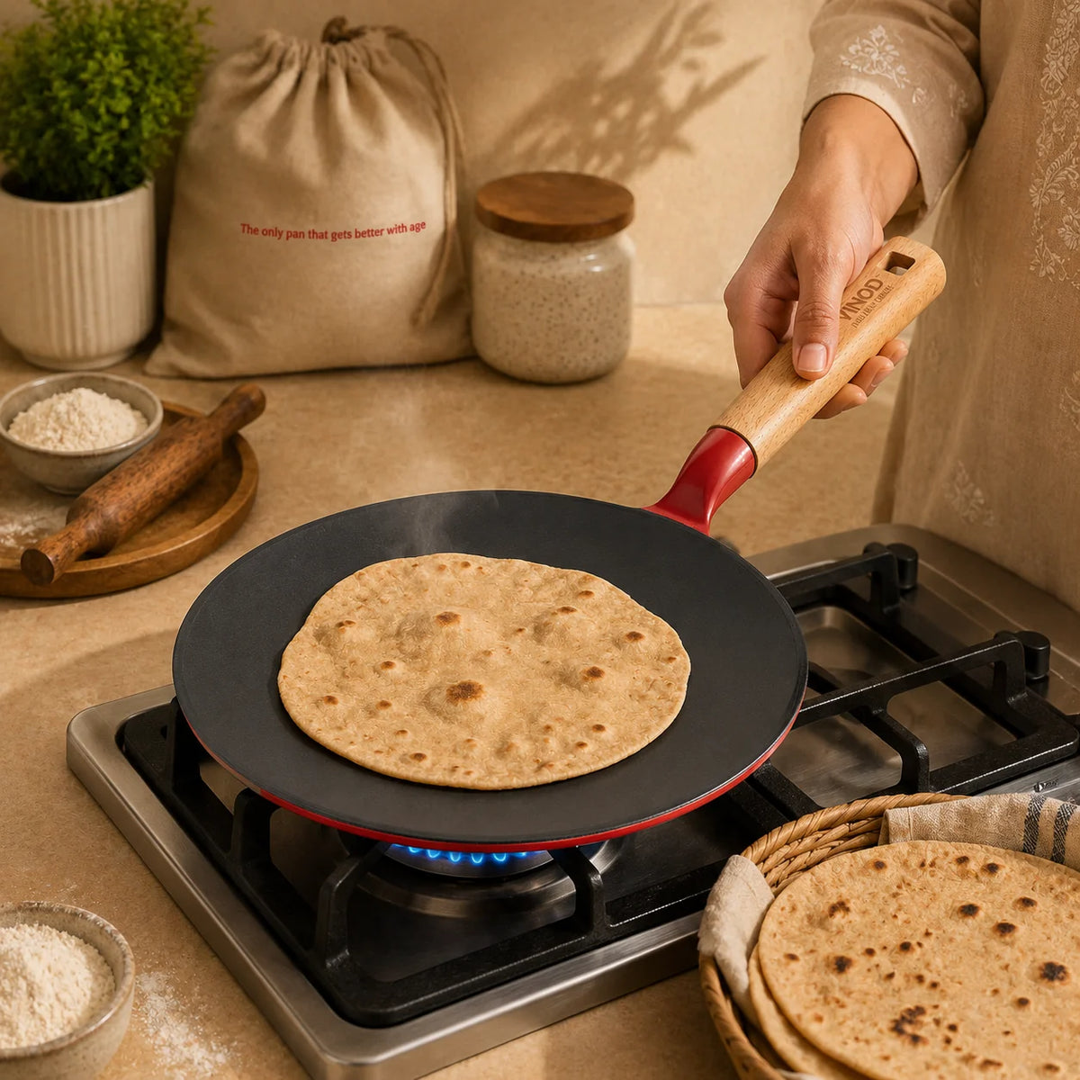 Vinod Cast Iron Freya Roti Tawa 26 cm – Ruby Red – Titanium Enamel – Induction Friendly
