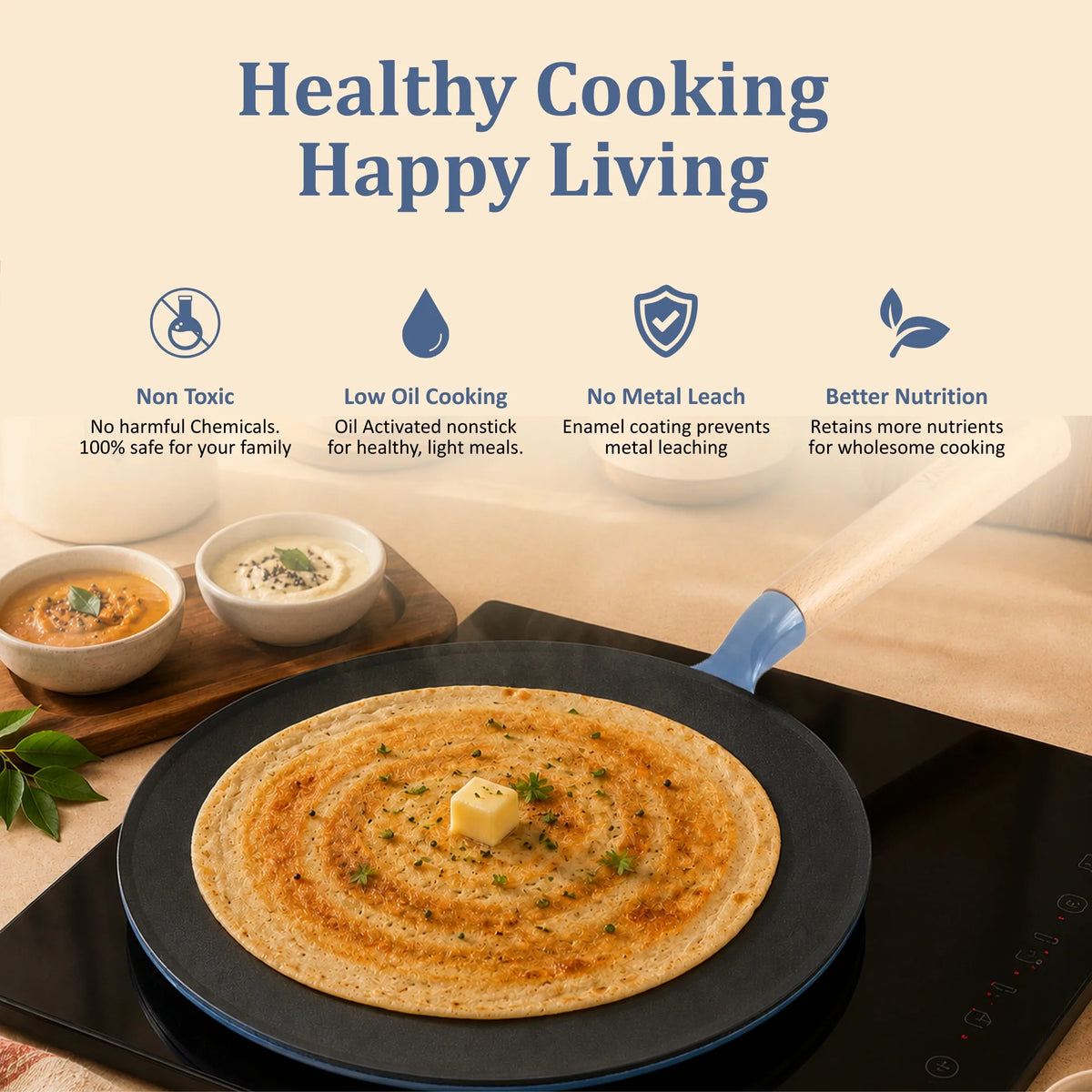 Vinod Cast Iron Freya Roti Tawa 26 cm – Sapphire Blue – Titanium Enamel – Induction Friendly