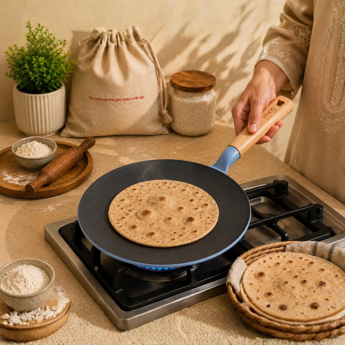 Vinod Cast Iron Freya Roti Tawa 26 cm – Sapphire Blue – Titanium Enamel – Induction Friendly