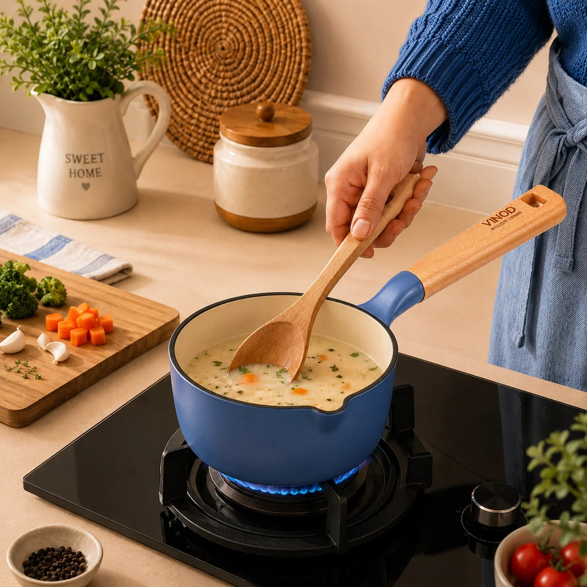 Vinod Cast Iron Freya Sauce Pan 16cm 1.4L Sapphire Blue with Cream Enamel Interior