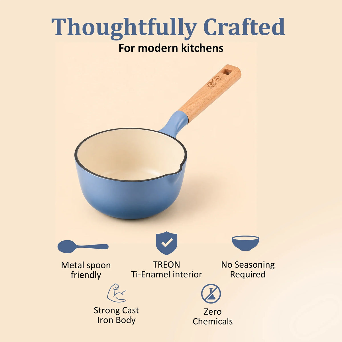 Vinod Cast Iron Freya Sauce Pan 16 cm 1.4 L – Sapphire Blue – TREON Ti-Enamel