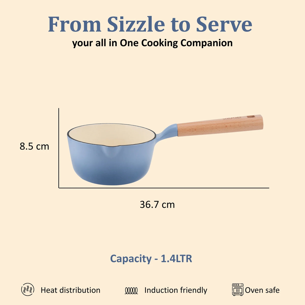 Vinod Cast Iron Freya Sauce Pan 16 cm 1.4 L – Sapphire Blue – TREON Ti-Enamel
