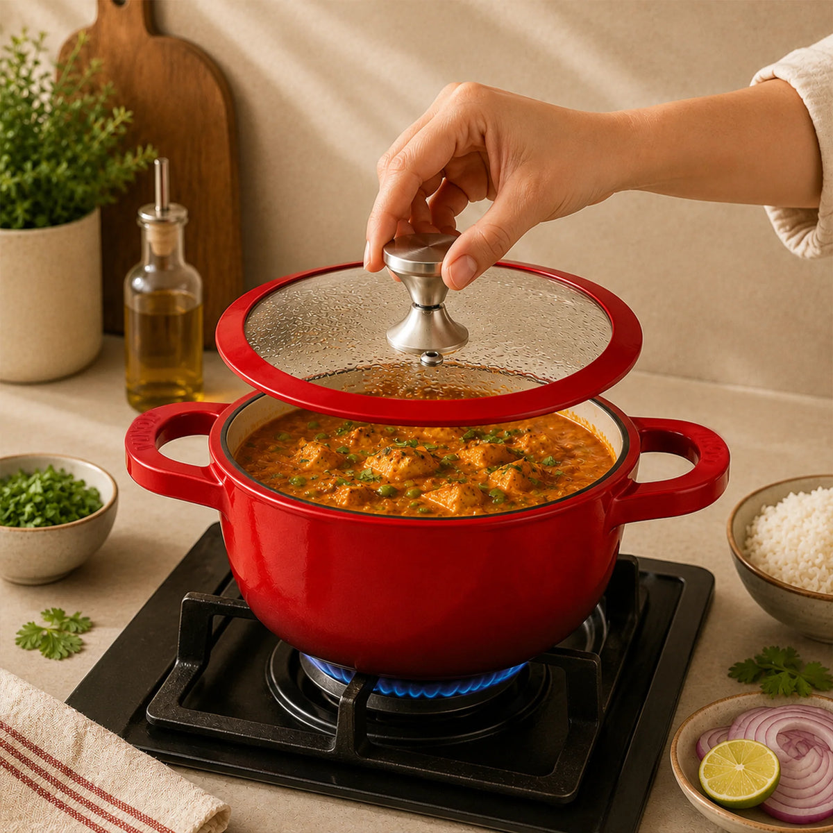 Vinod Cast Iron Freya Sauce Pot 20 cm Ruby Red with Glass Lid and Cream Enamel Interior