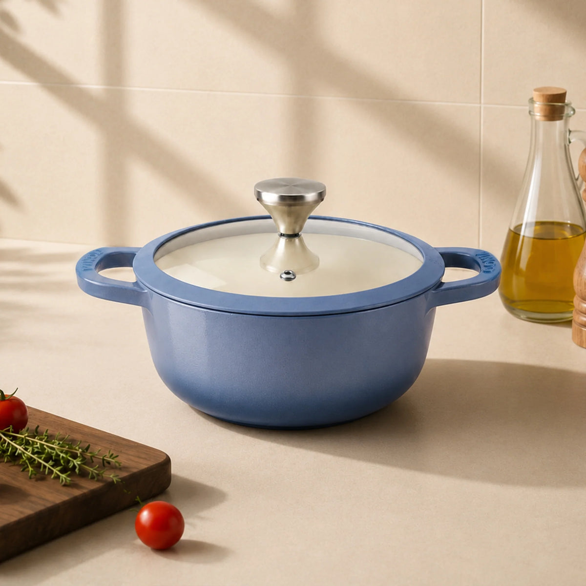 Vinod Cast Iron Freya Sauce Pot 20 cm Sapphire Blue with Glass Lid and Cream Enamel Interior
